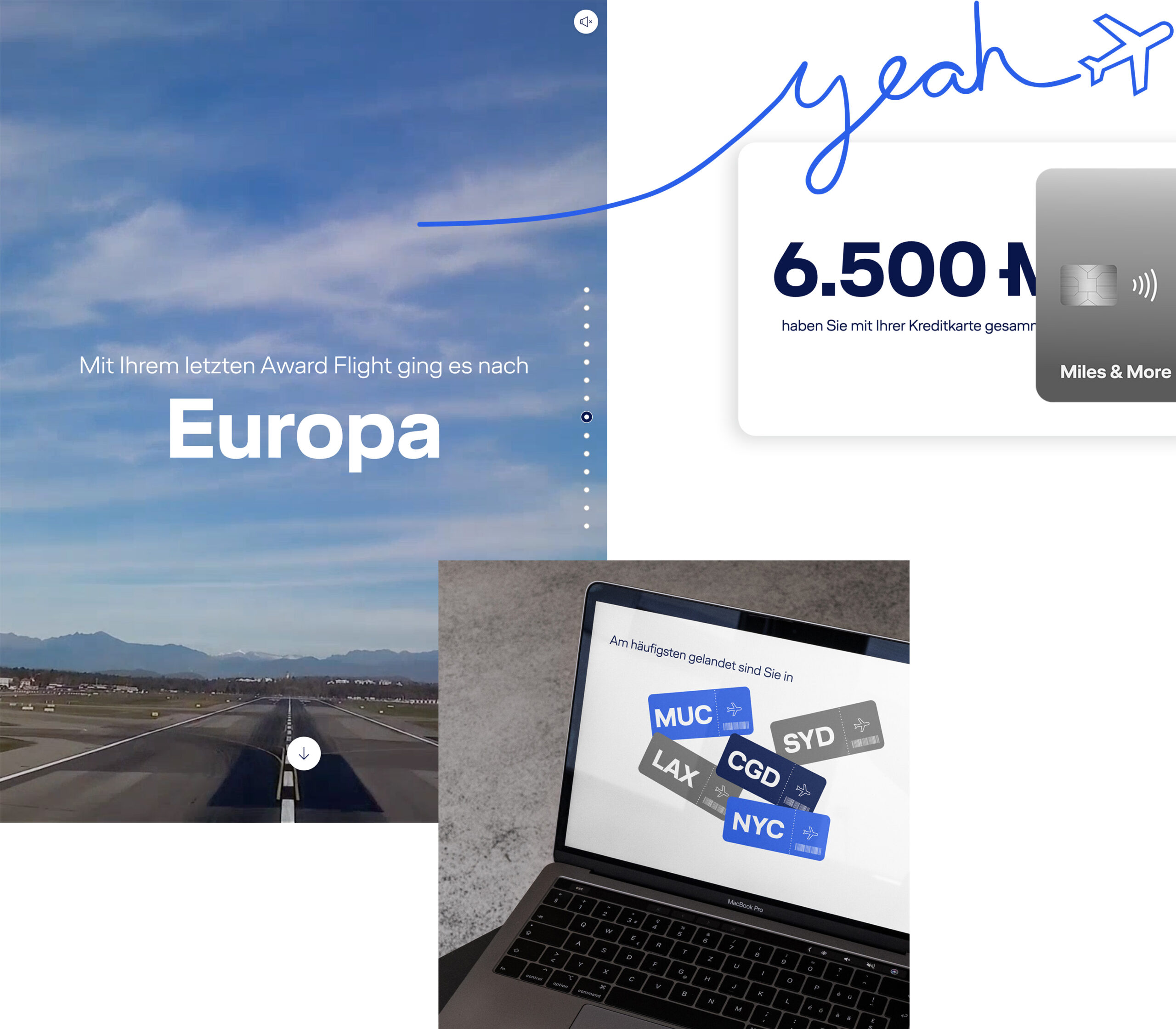 Ausschnitte aus dem Miles & More Jahresrückblick wie ein Prämienflug, Flugtickets und eine Kreditkarte