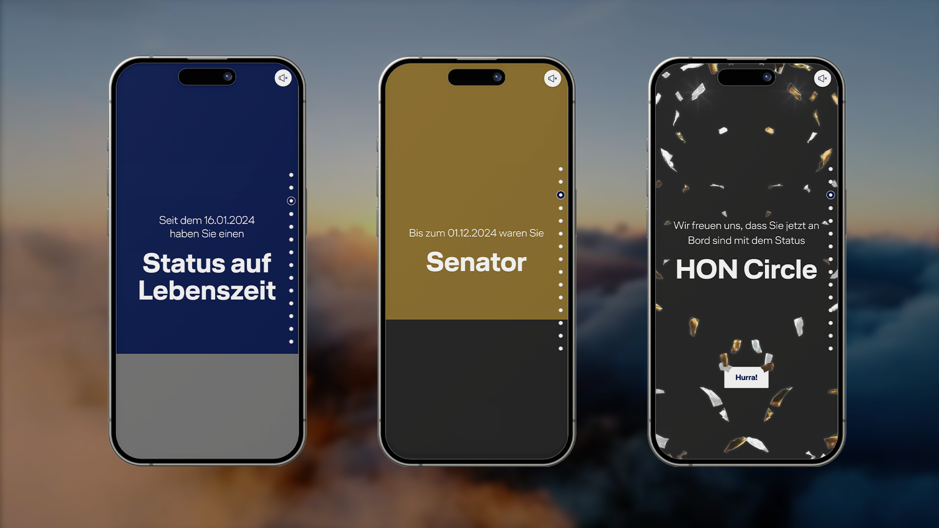 Drei Handy Mockups mit Elementen aus dem Miles & More Jahresrückblick die den Wechsel zu einem neuen Status abbilden