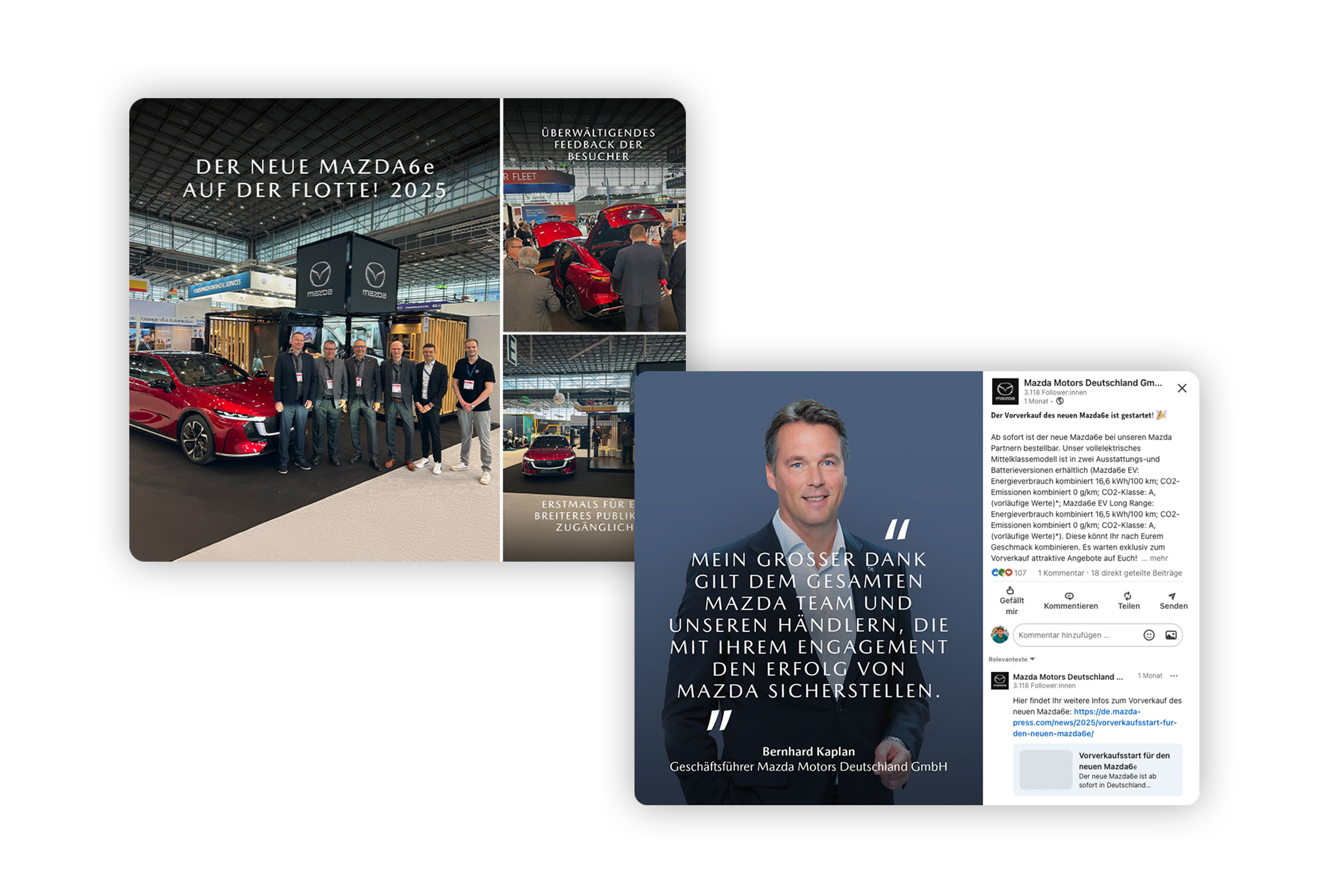Ausschnitte aus dem Mazda Deutschland LinkedIn Kanal mit Posttext und Userkommentaren.